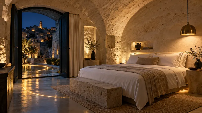 Illustrazione di una camera in pietra con letto in lino e apertura su un cortile al crepuscolo